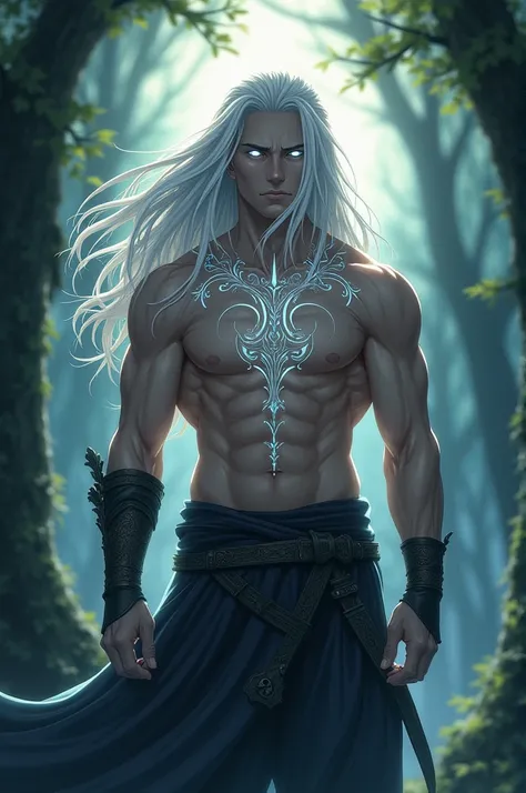 Shirtless man in medieval pants with white hair and white eyes emanating an aura with white tattoos in anime