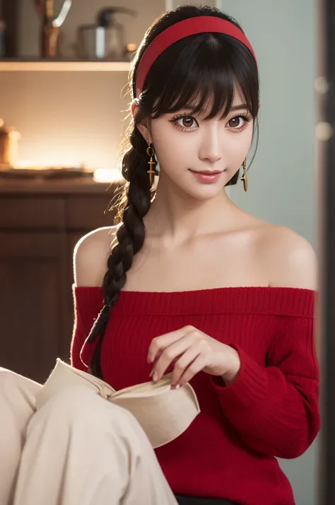 NSFW，yorbriar, yor briar, black hair, (red eyes:1.5), earrings, gold hairband, hairband, long hair, sidelocks, (medium  breasts:1.2), smile,
BREAK bare shoulders, collarbone, dress, long sleeves, off shoulder, off-shoulder dress, off-shoulder sweater, pant...