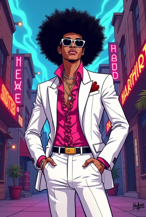 (Hazbin Hotel toon drawing style image) In Hazbin Hotel, Anthony sport a stylish, flamboyant outfit reminiscent of 80s fashion: a white blazer with vibrant accents, a ruffled shirt, and flashy accessories. HIS hair is big and voluminous, reflecting the ico...