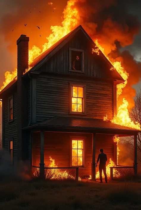 A detailed view of a house engulfed in flames, with bright, intense fire consuming the structure. The scene is dramatic, with glowing embers flying in the air, and thick smoke billowing into the sky. In the foreground, the man is visible through a window, ...