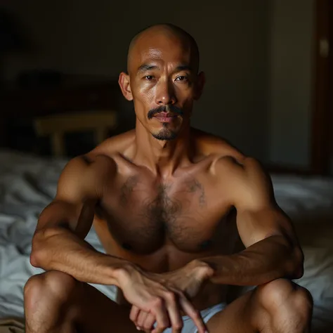 40 years old，Hidetoshi Nakata，（Kogoro Mori 1.3），Oriental face，whole body，Lean，muscle，Sitting，Legs open，White socks，Baldhead ，transparent，Thick body hair，White lingerie，Topless，Densely hairy，Fortitude，HD，With a mustache