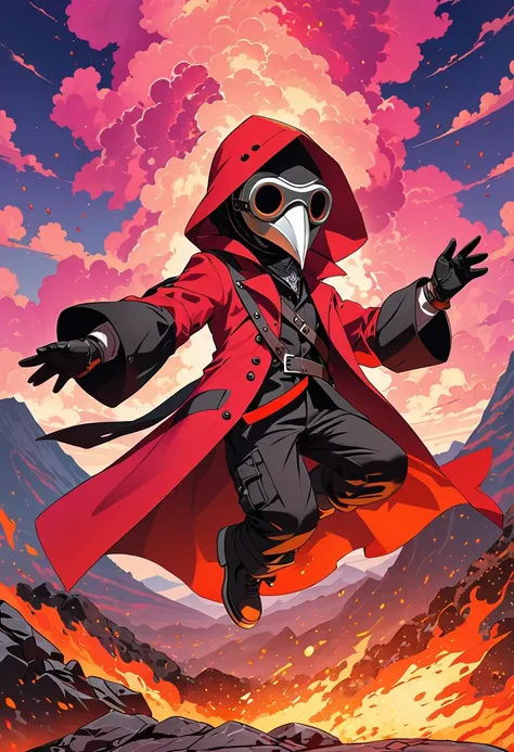 (masterpiece, best quality:1.1), (ultra highres, ultra-detailed:1.2),pop-art style,flatcolor, (fire magic from his hands),(in front of the volcano), BREAK chibi-boy,((wearing plague-doctor costume,plague-doctor mask)),eyes glow magenta,red hood,red lab-coa...