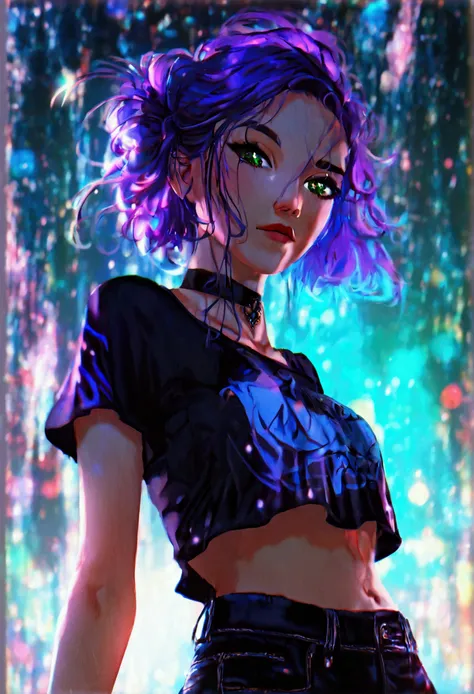 ((best quality)) ((best detail)) ((high quality background))1 girl, purple hair, black eyeliner, emerald eyes, black choker, bla...