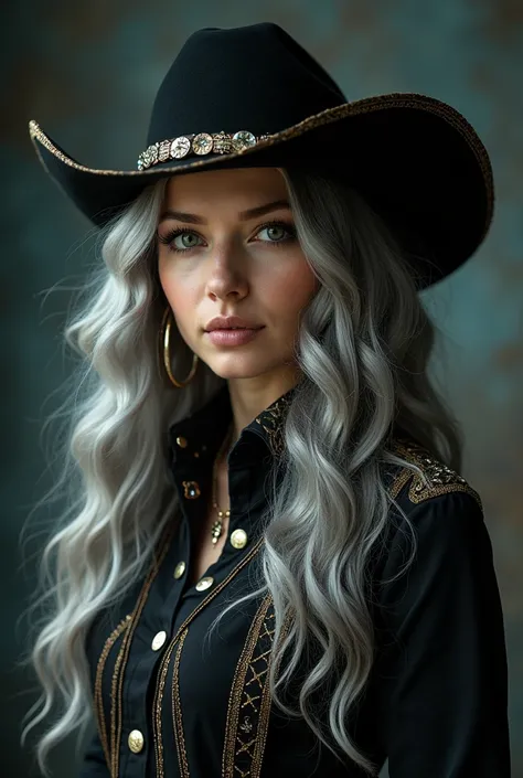 (Surrealist female portraits), (dark fantasy art: 1.6), Style David Hockney and Alphonse Mucha, Stunning realism, dynamic lighting, 4k resolution, very detailed facial features, awardwinning, cowboy shot, (uniforme oficial: 1.4), long gray hair, deep-shado...