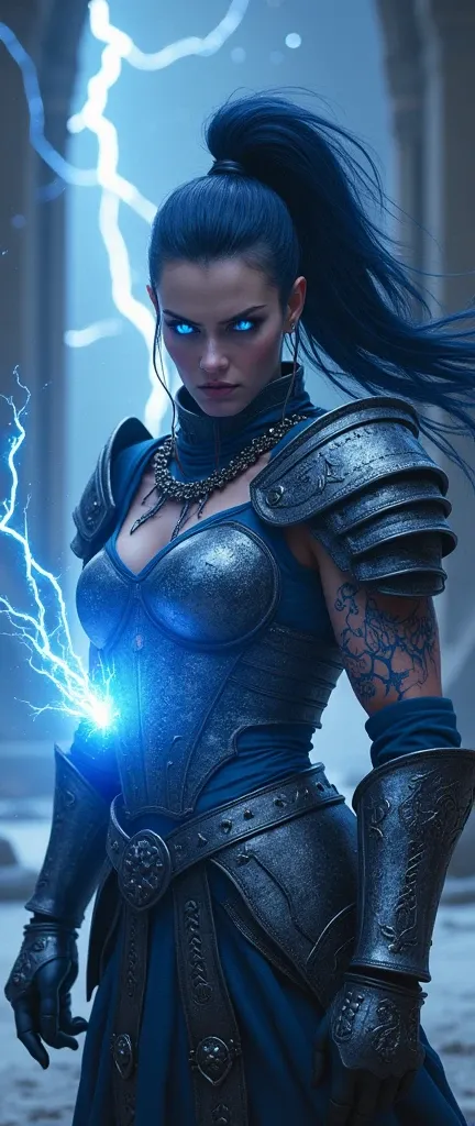 Aletta Ocean, angry evil beautiful and muscular, Nordic female, towering storm Giantess with blue black hair in a ponytail, older and mature woman, throwing a lightning ball, celtic glowing tattoos, wearing nordic steel runic plate mail Armour , temple cav...