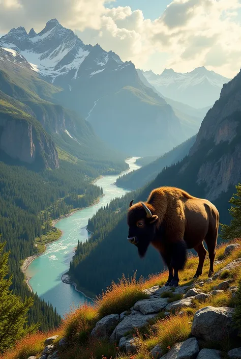 Buffalo, mountain, river