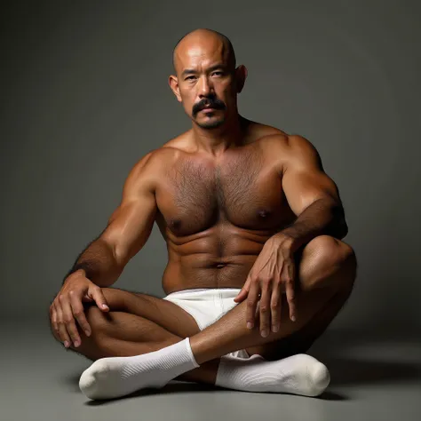 40 years old，Hidetoshi Nakata，（Kogoro Mori 1.3），Oriental face，whole body，Lean，muscle，Sitting，Legs open，White socks，Baldhead ，transparent，Thick body hair，White lingerie，Topless，Densely hairy，Fortitude，HD，With a mustache