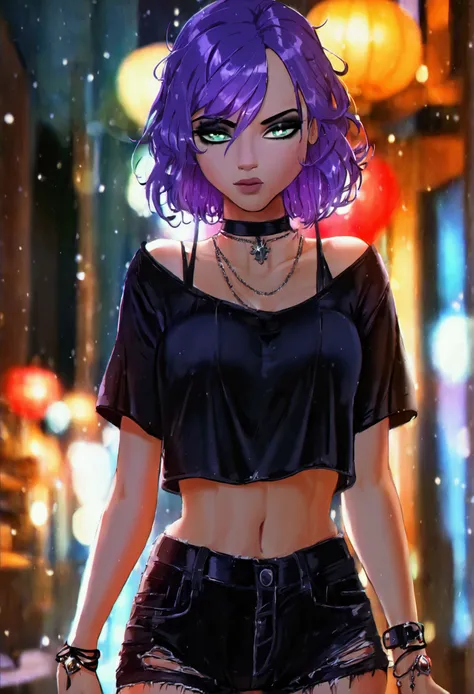 ((best quality)) ((best detail)) ((high quality background))1 girl, purple hair, black eyeliner, emerald eyes, black choker, bla...