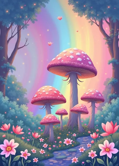 mushroom connected rainbow,flowers meadow,fairy forest background,vintage style