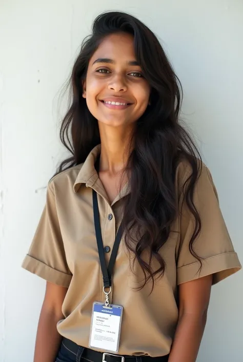 A cute 20 years old indian girl , photoshoot , rough dry face skin , sexy and hot , collage uniform with id card , full body view , white wall background 