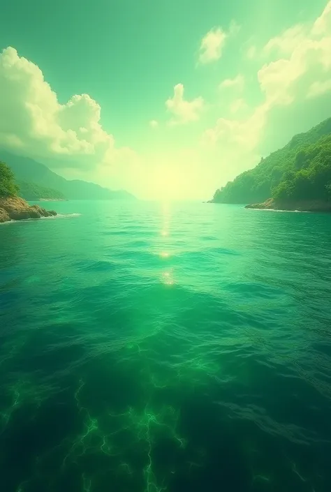 An open sea, seen in 1st person and the whole image in green color.