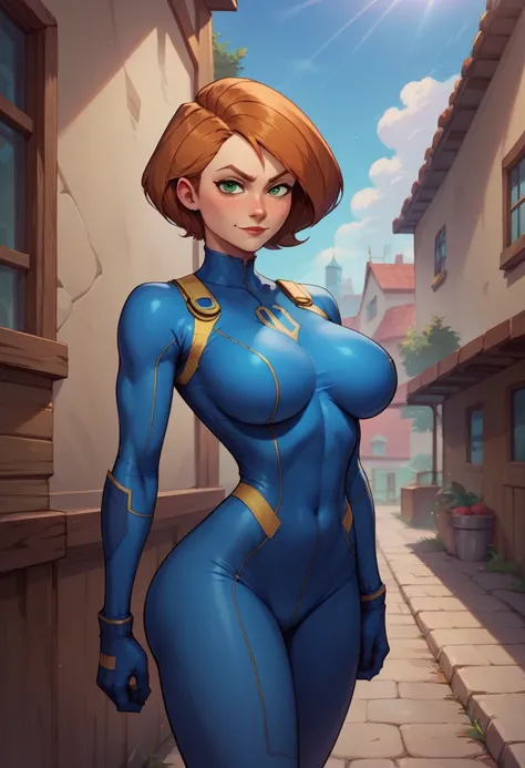 score_9, score_8_up, score_7_up, score_6_up, BREAK Ann possible, wearing vault suit, big breasts, fully clothed evil smirk, in a bunker, looking at viewer, short hair