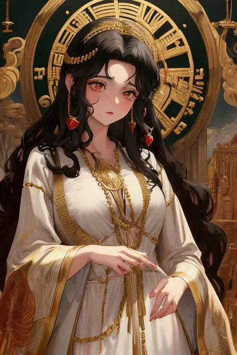 Olive skin, Curly black hair, Goldohrringe, full breasts, reddened cheeks, Antiquity, Kleidungsstil Antiquity, High Nobility, anime style