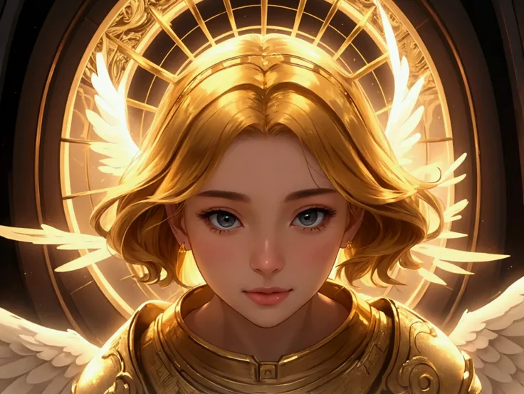 face of an angel from the front entering the gate of heaven, beautiful bright gold colors, ultra realistic 4k, looking forward