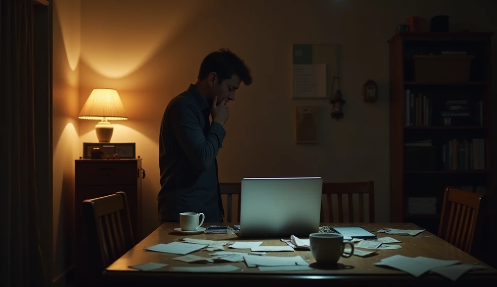 apartment, Human, who stands at a loss near the table, On the table is a laptop
