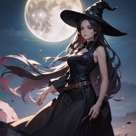 dark lady, with a big witchy hat, full moon in the background, long black vest, long skirt, beautiful light, cinematic, masterpiece.
