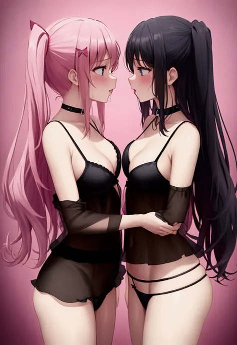 a two girl wearing pink bikini suit and other wearing a black bikini suit and both girls are kissing eachother. while kissing she put her hand in panty and rub vagina. her saliva drops come out while kissing. 