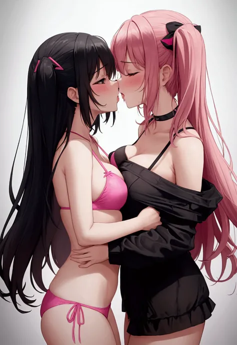 a two girl wearing pink bikini suit and other wearing a black bikini suit and both girls are kissing eachother. while kissing she put her hand in panty and rub vagina. her saliva drops come out while kissing. 