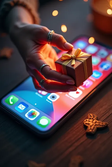 In a phone screen someone was giving a gift with his hand the hand is coming through phone screen