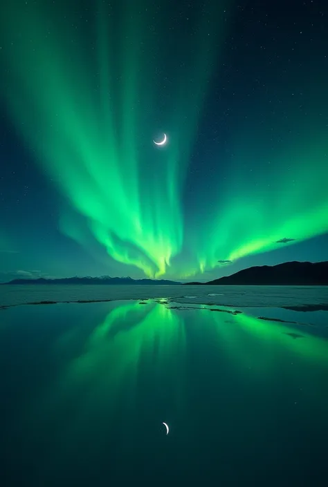 Highest quality、masterpiece、Film Grain、Ultra-high resolution、Galaxy reflected in the Uyuni Salt Flats、(((green Starry Sky:1.5)))、blue crescent moon :0.1、