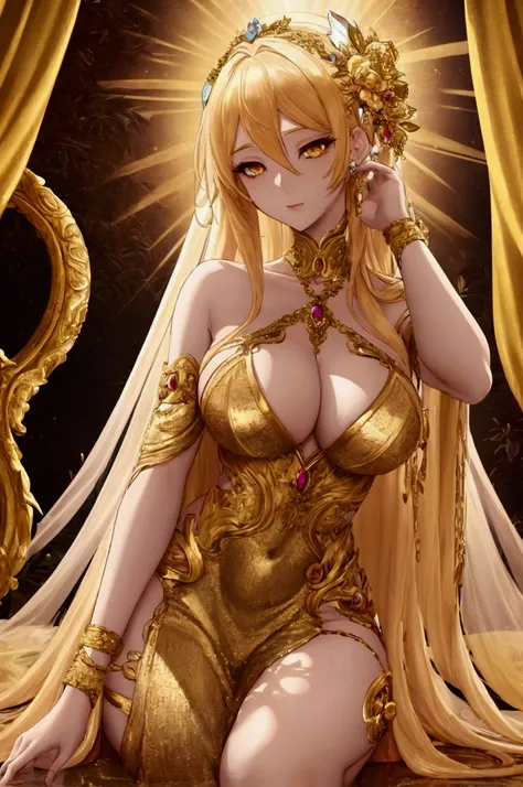 goddess, goddess der Liebe, golden hair, gold eyes, beautiful woman, Lightly dressed, Dressed provocatively, in der Natur, Anime Style