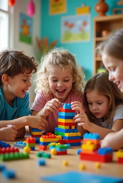  8 year old blonde playing with 4 children. Limage se déroule à la crèche. On voit tout les têtes des enfants. The girl doesn&#39;t know what she&#39;s photographing. she tries to assemble Lego. Les autres enfants essaie de laider. The image is taken with ...