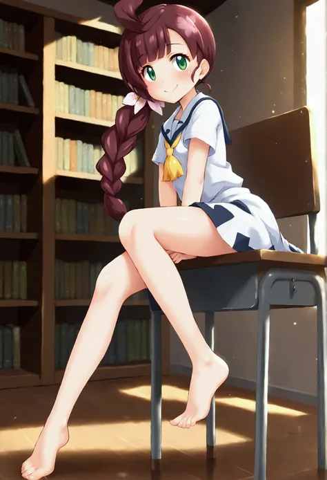 full body, barefoot, masterpiece, a beautiful schoolgirl, (fantasy library background), erotic photoshoot, a desk, from behind, schoolgirl uniform, shackles on legs, happy face, looking to the viewer, big open eyes, blush