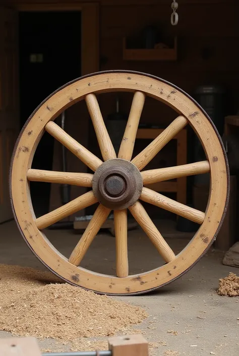 Create an image of a wooden wagon rim with sixteen hoops