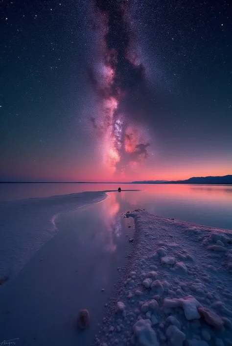 Highest quality、masterpiece、Film Grain、Ultra-high resolution、Galaxy reflected in the Uyuni Salt Flats、(((red Starry Sky:1.5)))、blue crescent moon :0.1、