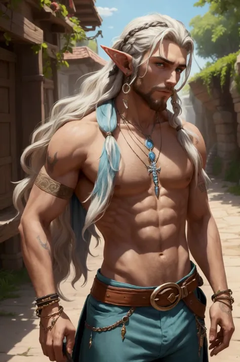 A gipsy half-elf character male with a strong build, wearing a sleeveless top and loose pants, adorned with various accessories such as a necklace, bracelets, and belts. The character has distinct pointed ears, showcasing their elven heritage. They have an...