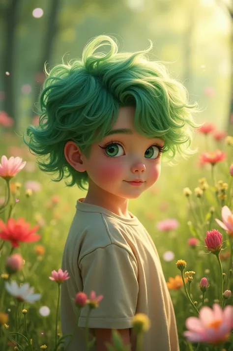 Boy with dark and light green hair, with pink eyes and an effeminate face 