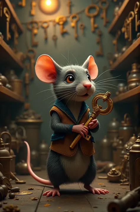 A rat who has a key (holds a key) and the background is the room that stores full of keys, like if he was a landlord.