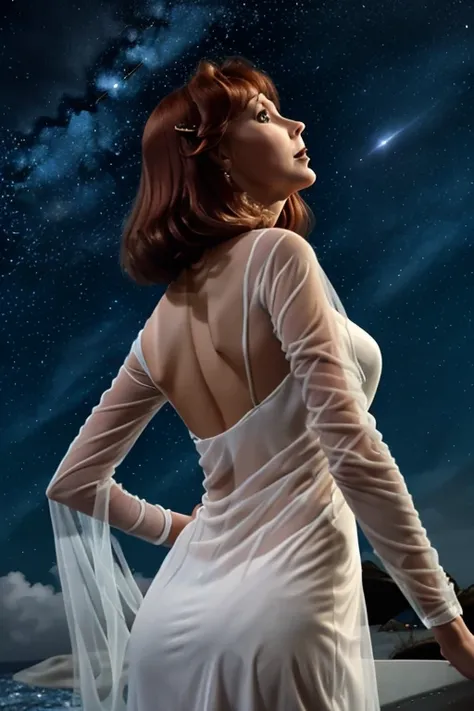 beverly crusher (age 25, airy sheer white elegant gown), camera low looking up at her butt and a starry sky, a few tiny space sh...