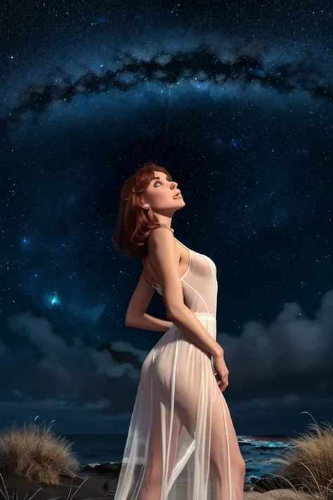 Beverly crusher (age 25, airy sheer white elegant gown), camera low looking up at her butt and a starry sky, a few tiny space ships fly across the sky, lush ocean world
