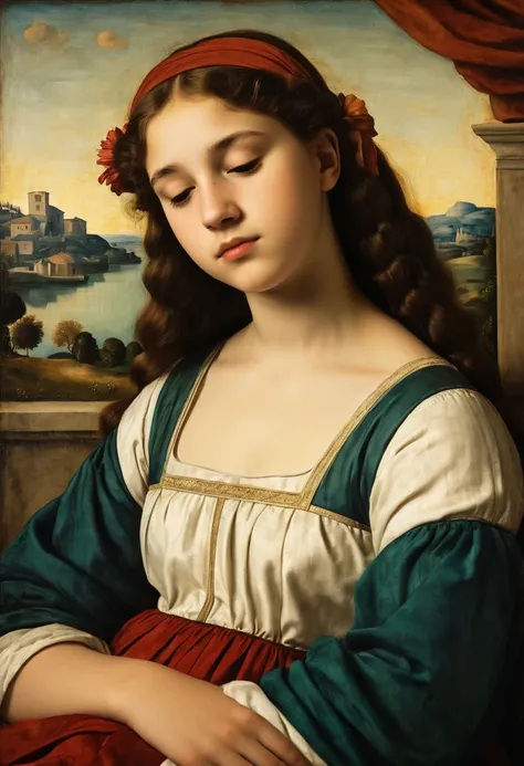 girl 13 years old schoolgirl in the style of the famous painting 1510 year Sleeping Venus Giorgione