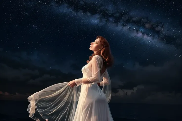 beverly crusher (age 25, airy sheer white elegant gown), camera low looking up at her butt and a starry sky, a few tiny space sh...