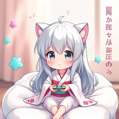 One Woman,Gray Hair,Cat ear,((Chibi Character)) Heterochromia iridis,Red eyes,,White kimono,Playing video games,Have a game controller,Enter your text in the bottom right corner of the fantasy image,A very popular font,