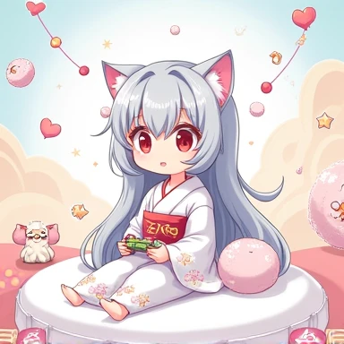 One Woman,Gray Hair,Cat ear,((Chibi Character)) Heterochromia iridis,Red eyes,,White kimono,Playing video games,Have a game controller,Enter your text in the bottom right corner of the fantasy image,A very popular font,