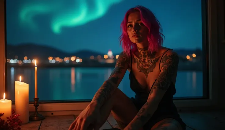 tatuados,Very beautiful big breasts、(Tears),(Back tattoo、Many tattoos on both arms and neck)、 (Reykjavik at night, Aurora shining in the night sky),Candlelight only,Very detailed, 21 years old, A beautiful woman,Depressed face, Pink Hair,Medium Hair, blue ...