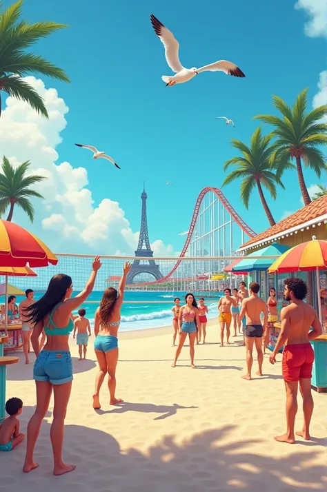 Make a picture of people playing volleyball and shopping on a beach eating sushi. In the background, place a roller coaster and the Eiffel Tower in Paris.