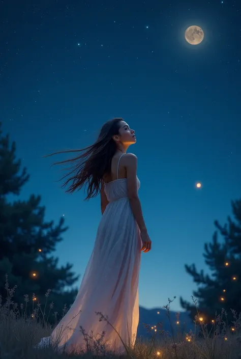 Beautiful woman in a sheer nightgown looking up at the starry sky, inspired, high quality, high detail