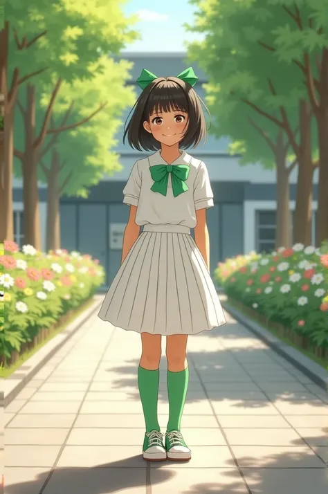 Student wearing white pleated skirt with white shirt, green stockings on the leg and green bow in the hair
