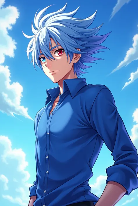 Male, active, blue and white hair, blue shirt, blue left eye, red right eye, blue and white theme, 2d, anime