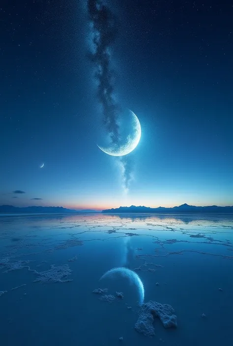 Highest quality、masterpiece、Film Grain、Ultra-high resolution、Galaxy reflected in the Uyuni Salt Flats、(((white Starry Sky:1.5)))、blue crescent moon :0.1、