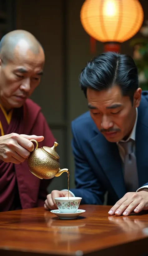 
A close-up of the monk’s hands holding a teapot, pouring tea into a small cup. The cup is already full, and tea is spilling over the sides, dripping onto a wooden table. The wealthy man is seated across the table, leaning slightly forward, his eyes wide i...