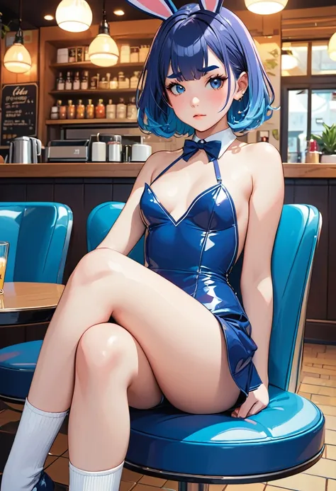 (masterpiece, best quality:1.1), (ultra highres, ultra-detailed:1.2),pop-art style,Wearing a bunny girl costume in cafe, sitting, looking shy, BREAK (girl,16yo,detailed face,(darkblue hair,wavy-short hair),middle thick eyebrows,middle small breasts),