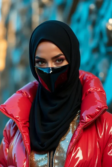 close up beautiful 30 year old hot girl.
She wears a very shiny plastic hijab on her head.
with a very shiny black plastic mask on his face.
wearing a long shiny plastic puffer jacket.
she wears a long traditional Arabic Caftan dress made of very shiny pla...