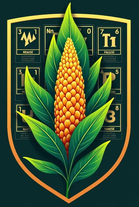 Create a football shield for a team called NPK, with a soybean plant as a symbol and the table of elements in the background