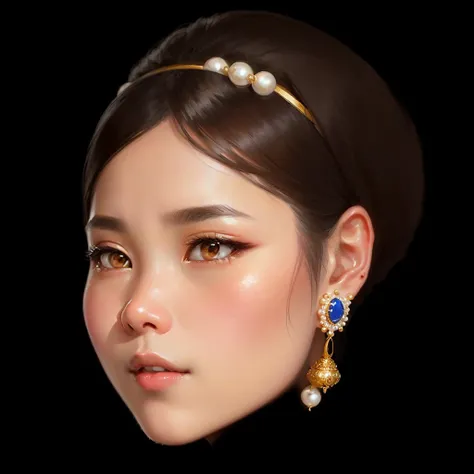 a close up of a woman wearing a headband with pearls, detailed face of a asian girl, thailand with round face, digital art of an elegant, in the art style of bowater, realism artstyle, girl with a pearl earringl, asian face, beautiful realistic face, elega...