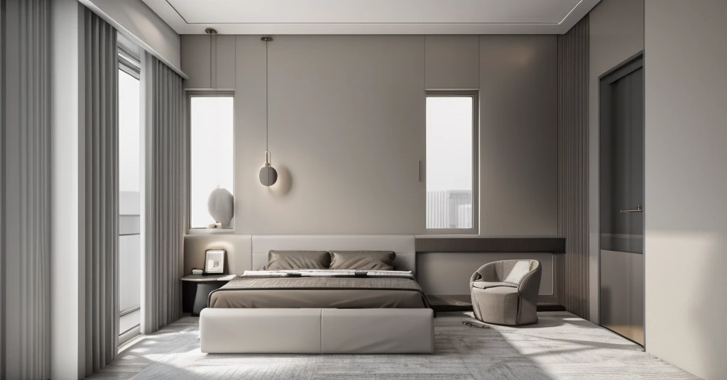 modern bedroom interior, sleek design, two windows with curtains at the head of the bed, color scheme: grey and white, minimalis...